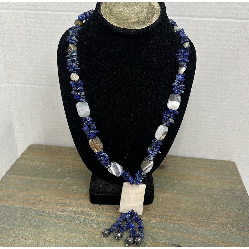Blue Lapis Polished Nugget Stone Bead Multi strand Silver Tone Necklace Pendant